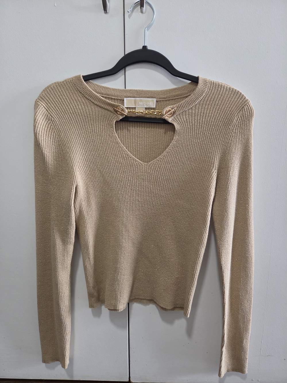 Michael Kors Gold-Trim Beige Ribbed Knit Top